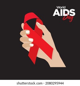 World AIDS day. Hand Holding Red Ribbon - AIDS Symbol. AIDS Awareness Template Design.  Editable Illustration.