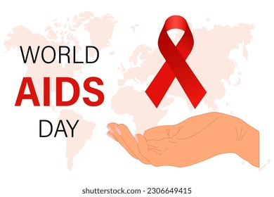 World AIDS Day. A hand holds a red awareness ribbon. Banner, poster, vector