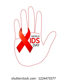 World AIDS Day. hand with Red ribbon. Aids Awareness icon design for poster, banner, t-shirt. Vector illustration isolated on white background.