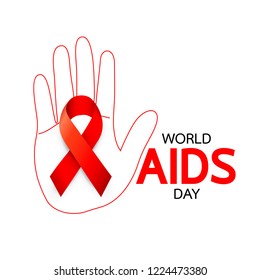 World AIDS Day. hand with Red ribbon. Aids Awareness icon design for poster, banner, t-shirt. Vector illustration isolated on white background.