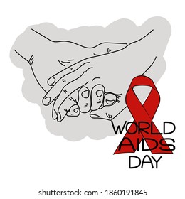 Día Mundial del SIDA. Mano en mano simbolizando apoyo y ayuda, cinta roja y ilustración temática vectorial