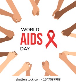 World AIDS Day. Hands of different nationalities are holding each other. Concept for design of posters, banners, t-shirts, AIDS awareness icons. Isolated vector illustration square composition.