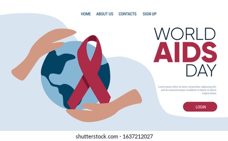 World AIDS day. Hands hold our planet with red ribbon. Disease prevention template, landing page for awareness campaign. HIV, AIDS. Vector illustration in flat style.