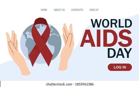 World AIDS day. Hands hold our planet with red ribbon. Disease prevention template, landing page for awareness campaign. HIV, AIDS. Vector illustration in flat style. EPS 10 format