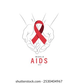 Dia MUNDIAL da AIDS, Mãos segurando símbolo de fita vermelha para conscientização sobre a AIDS