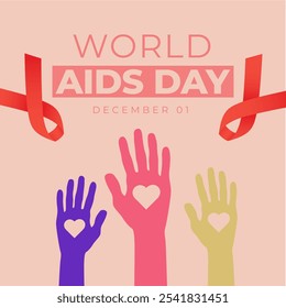 World AIDS Day:  Hands of Hope and Love. World AIDS Day, December 01, with three hands with hearts and red ribbons.
