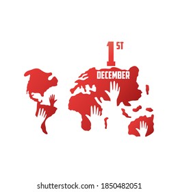 world aids day, hands print on map planet and lettering vector illustration