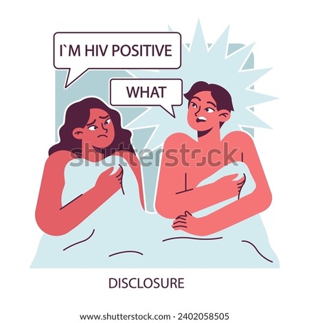 World AiDs day. HIV status disclosure. Woman and and man in the bed. Immunodeficiency virus stigma break, treatment therapy. Dangerous disease awareness. Flat vector illustration