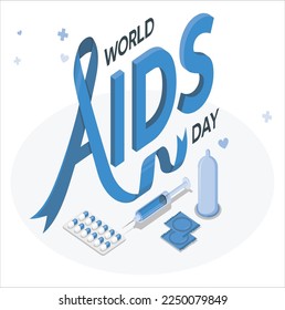 Afiche del Día Mundial del SIDA y el Día de la Prueba de VIH. Tubo de prueba de VIH, tablet, condón. Ilustración vectorial. 1 de diciembre, Este día llama la atención sobre el creciente número de personas que viven una vida larga y plena.