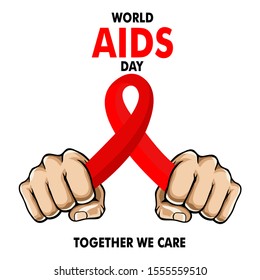 World AIDS Day. Holding hands with Red ribbon. Aids Awareness icon design for poster, banner, t-shirt.  1st December world AIDS Day vector illustration isolated on white background solidarity concept.