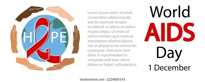 World AIDS Day horizontal background. Red ribbon on Earth globe. Concept of Hope with Diverse hands. HIV awareness banner. Flat style vector illustration with copy space