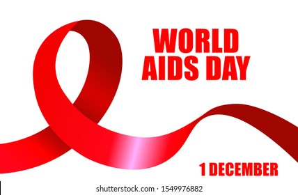 World Aids Day horizontal banner with waving red ribbon on white background. International campaign stop HIV. Social movement against sexually transmitted disease. Charity vector illustration