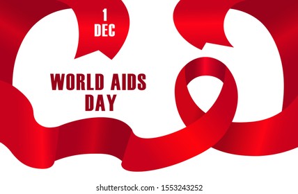 World Aids Day horizontal banner with waving red ribbon on white background. International campaign stop HIV spread. Social movement against sexually transmitted disease. Charity vector illustration