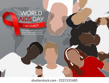 World AIDS Day. Horizontal banner with red ribbon, space for text and diverse people. Vector flat illustration.