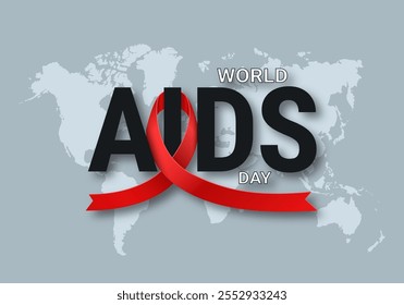 Dia Mundial da Aids. Banner horizontal com faixa vermelha no plano de fundo do mapa-múndi. Ilustração vetorial.