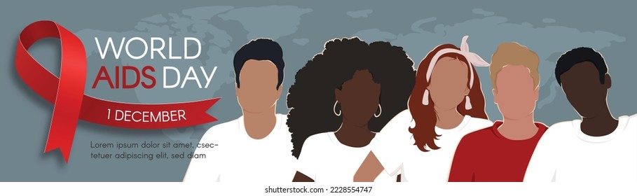 World AIDS Day. Horizontal long banner with a red ribbon, and diverse people. Vector flat illustration.