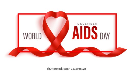 World Aids Day horizontal poster. Photo realistic red ribbon and frame on light background. Vector illustration. 1 December hiv, aids awareness day.