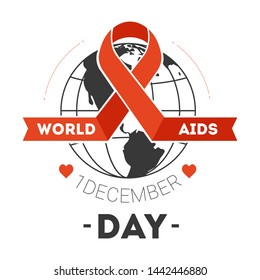 Día mundial del sida enfermedad del sistema inmunitario aislado icono de la cinta roja y globo terrestre apoyo y concienciación benéfica sobre el vih enfermedades de la salud y prevención de enfermedades emblema o logotipo de solidaridad y tolerancia.