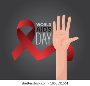 world AIDS day lettering with hand and red ribbon vector illustration design