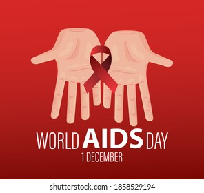 world AIDS day lettering with hands lifting red ribbon vector illustration design
