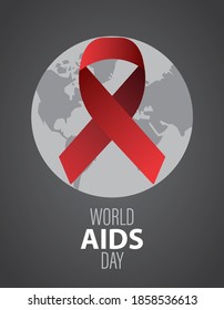 Welt-AIDS-Tagesschreiben mit rotem Band und Erde-Planet-Vektorgrafik-Design