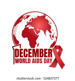 World Aids Day logo design. Aids Awareness. 1 December. Red Ribbon on a background of the globe. Vector illustration isolated on white background