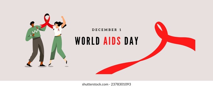 World AIDS Day. Long horizontal awareness day banner with red ribbon, space for text