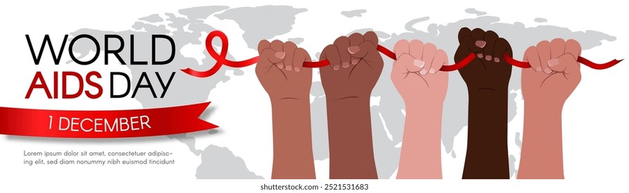 Dia Mundial da Aids. Banner horizontal longo com espaço para texto. Mãos diversas seguram uma fita vermelha. ilustração vetorial plana moderna