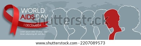 World AIDS Day. Long horizontal banner with red ribbon, space for text and diverse people. Vector flat illustration.
