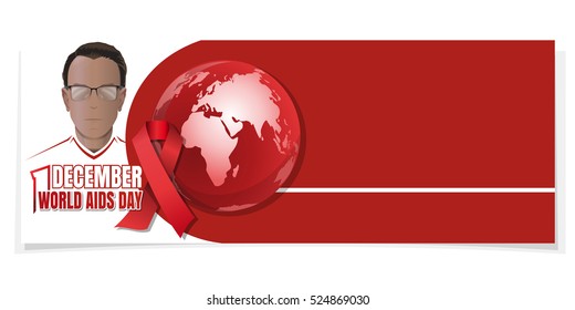 World AIDS Day. Man with a red ribbon on his chest. Aids Awareness. 1 December. Horizontal banner. Vector illustration
