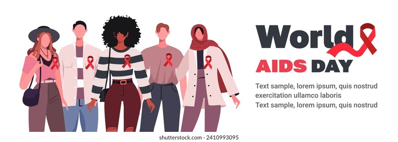 World AIDS Day. Man and woman with red ribbon. Healthcare and medical. Awareness concept. Flat vector illustration isolated on white background.