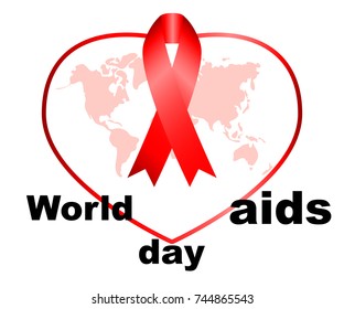 World aids day. Map of the world in the heart, on top of the red ribbon