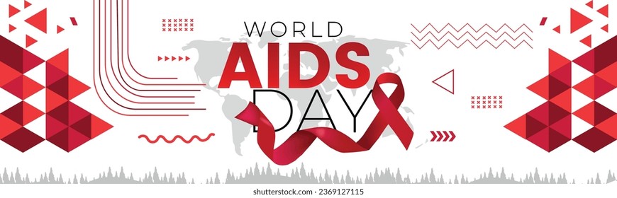 Welt-Aids-Tag mit Karte, roten Farben Thema Hintergrund und geometrisch abstraktes Retro-modernes farbiges Design mit erhobenen Händen oder Fäusten. Vektorgrafik EPS10