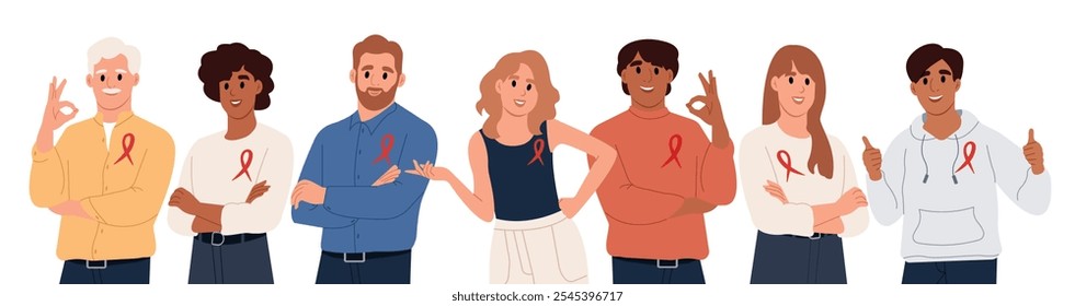 World AIDS Day and National HIV Awareness Month. Group portrait of men and women with red awareness ribbons. Vector illustration in flat style