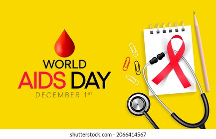 El Día Mundial del SIDA se celebra cada año el 1 de diciembre. Este día llama la atención sobre el creciente número de personas que viven una vida larga y completa con el VIH y sus necesidades sanitarias y sociales. Arte vectorial