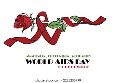 World AIDS day on december 1st. Awareness support care and solidarity with people suffering from this virus. HIV AIDS. Red Ribbon. Stop spread of the disease. Hygiene and safety. Lethal syndrome. Line