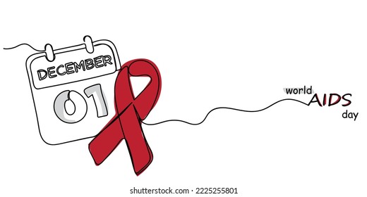 World AIDS day on december 1st. Awareness support care and solidarity with people suffering from this virus. HIV AIDS. Red Ribbon. Stop spread of the disease. Hygiene and safety. Lethal syndrome. Line