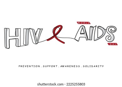 World AIDS day on december 1st. Awareness support care and solidarity with people suffering from this virus. HIV AIDS. Red Ribbon. Stop spread of the disease. Hygiene and safety. Lethal syndrome. Line