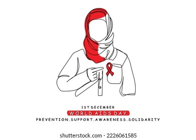 World AIDS day on december 1st. Awareness support care and solidarity with people suffering from this virus. HIV AIDS. Red Ribbon. Stop spread of the disease. Hygiene and safety. Lethal syndrome. Line