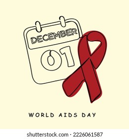 World AIDS day on december 1st. Awareness support care and solidarity with people suffering from this virus. HIV AIDS. Red Ribbon. Stop spread of the disease. Hygiene and safety. Lethal syndrome. Line