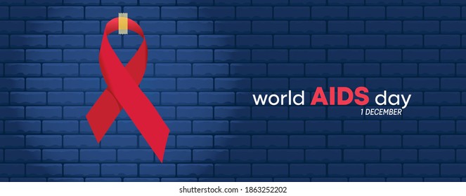 Publicación del Día Mundial del SIDA frente a una pared de ladrillos azules. Mensaje del día del SIDA colgando de una cinta roja. Diseño de pancartas. Fondo de pared de ladrillo azul.