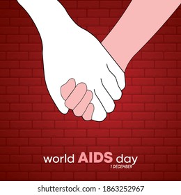 World AIDS Day post in front of a blue brick wall. Aids day message holding hands. Square Design. Red brick wall background.