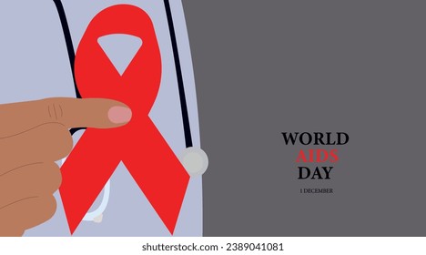 Cartel del Día Mundial del SIDA Ilustración vectorial de fondo. Un doctor sostiene una cinta.