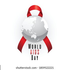 World AIDS Day poster concept with Aids Awareness Red Ribbon behind of the grayness globe. Vector illustration