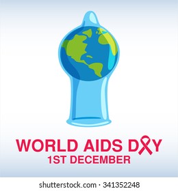 World Aids Day poster with condom on the blue planet and red aids awareness ribbon on white background