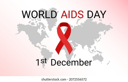 World AIDS Day poster. December 1 text. Red awareness ribbon and world map. Vector banner illustration.