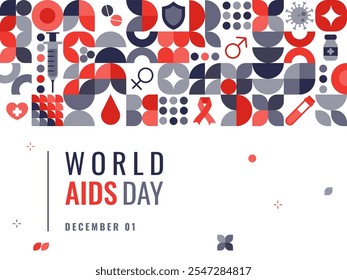 World AIDS Day poster with geometric elements and medical symbols. Red Ribbon Sign. Awareness of the dangers of AIDS concept. Vector geometric template