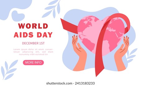 Afiche del Día Mundial del SIDA. Manos con el corazón y cinta rosada. Síndrome de inmunodeficiencia adquirida. Día Internacional de la Conciencia. Diseño de página de inicio. Dibujo vectorial plano de dibujos animados