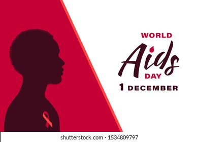 World Aids Day Poster. Red And White Background And Silhouette Of Black Man. Vector Illustration. 1 December Hiv, Aids Awareness Day.