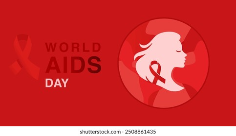 World AIDS Day poster with a red ribbon and a profile silhouette, symbolizing HIV awareness and global support